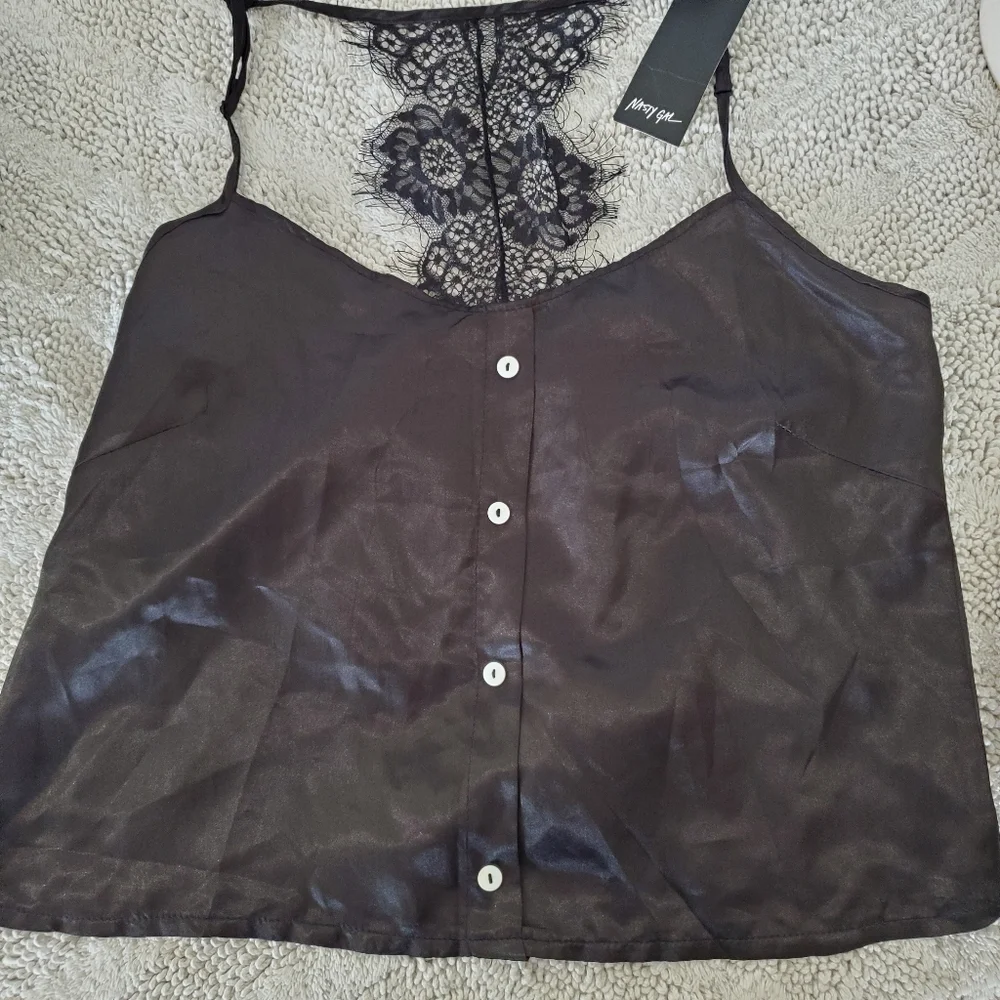 NWT NASTY GAL Sz M Black Silky Cami Top Spaghetti Straps Eyelash Lace T-Back Y2K - Picture 16 of 16